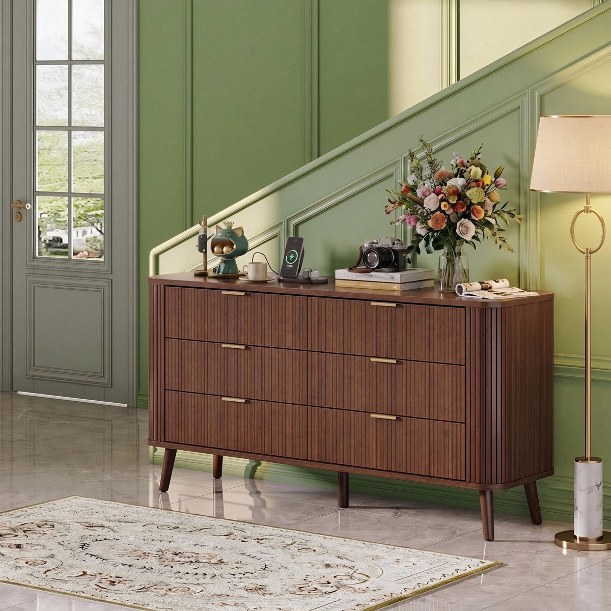 George Oliver 57 Wide Fluted 6 Drawer Double Dresser with Charging Station & Reviews